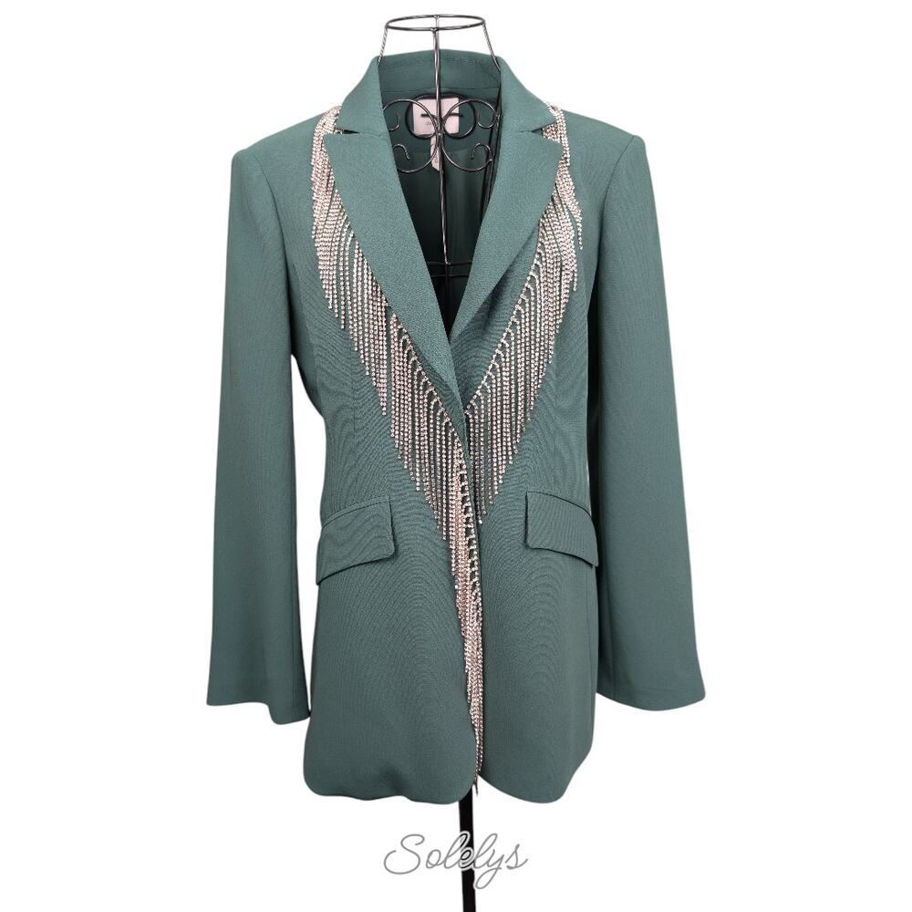 Cinq a Sept Cheyenne Crepe Rhinestone Fringe Embellished Emerald Green Blazer 6